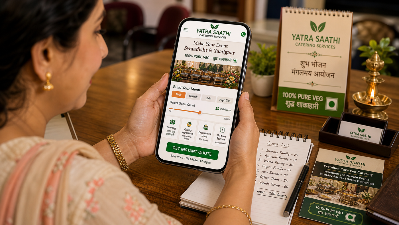 Yatra Saathi mobile app — woman holding phone showing 'Make Your Event Swaadisht & Yaadgaar' menu builder with guest-count slider and Get Instant Quote button