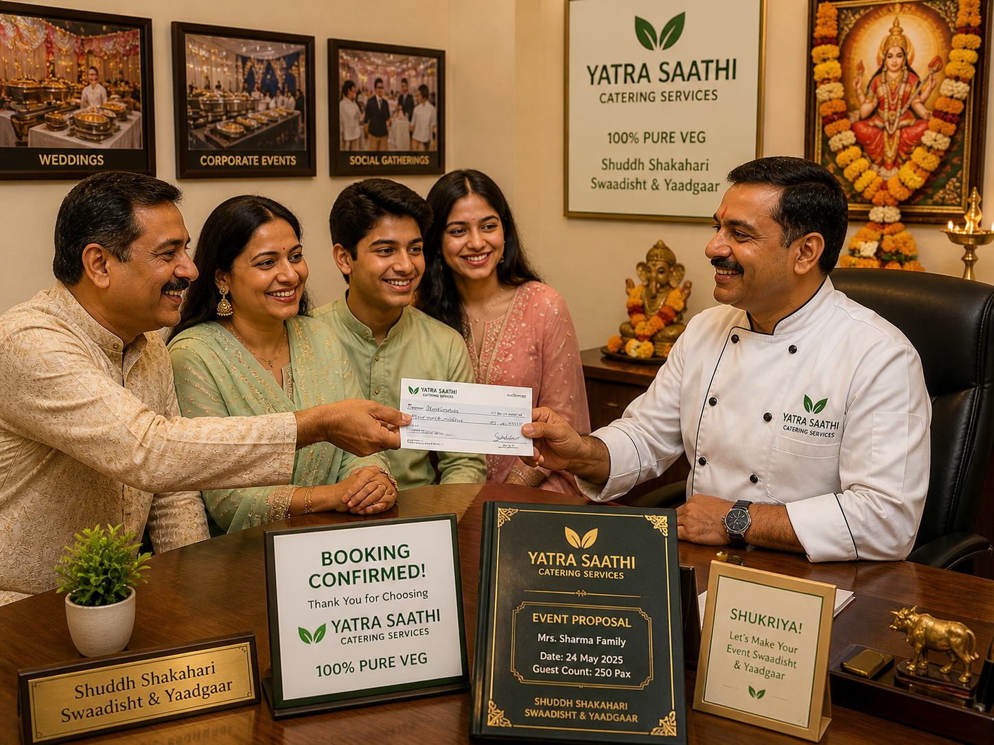 Yatra Saathi booking confirmed — Indian family handing cheque to founder-chef Rakesh Tiwari, BOOKING CONFIRMED placard, Event Proposal proposal card, Lakshmi-Ganesh framed shrine, past-events photos on wall