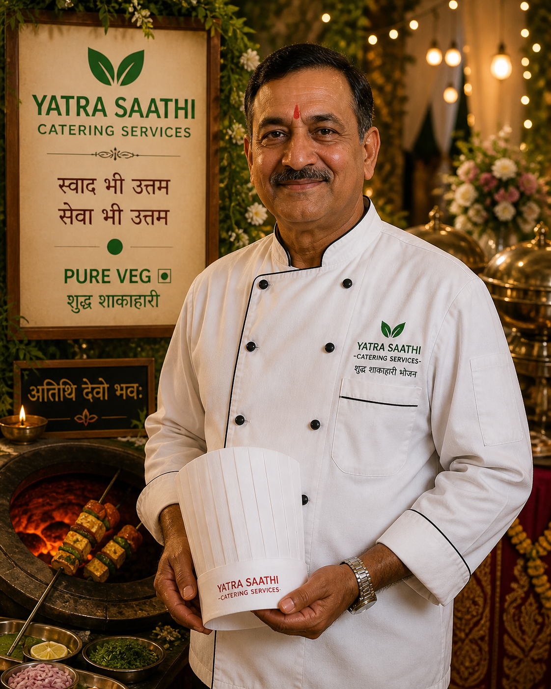 Founder-Chef Rakesh Tiwari — Yatra Saathi Catering Services, in chef-jacket with tilak, brand-board behind reading 'स्वाद भी उत्तम · सेवा भी उत्तम · PURE VEG'