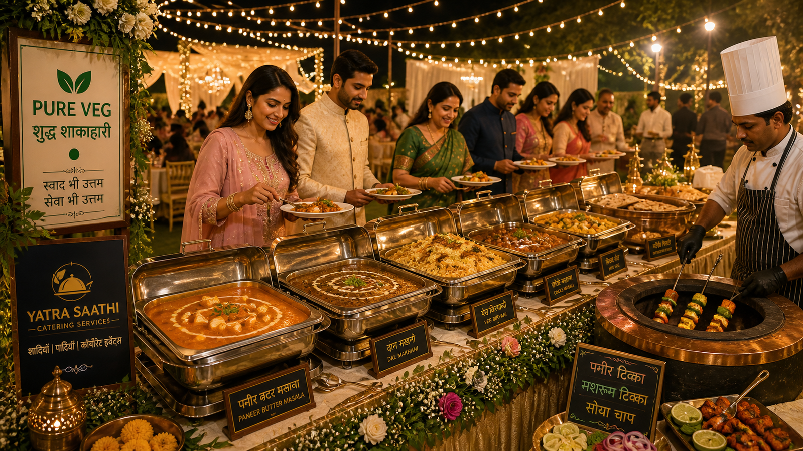 Yatra Saathi Catering Services — wedding-tent buffet line with chafing dishes, tandoor station, PURE VEG marker, guests plating food under string lights