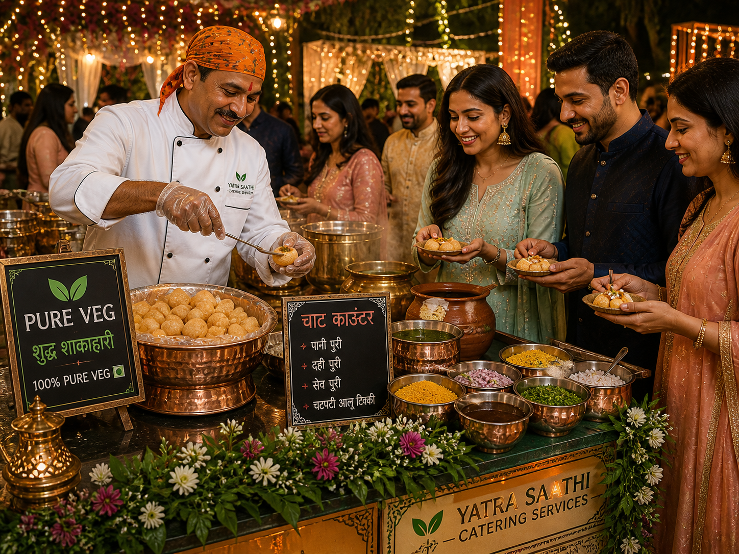 Yatra Saathi live chaat counter — chef in saffron headscarf serving pani-puri to wedding guests, copper bowls of chutney and sev, चाट काउंटर signage in Hindi