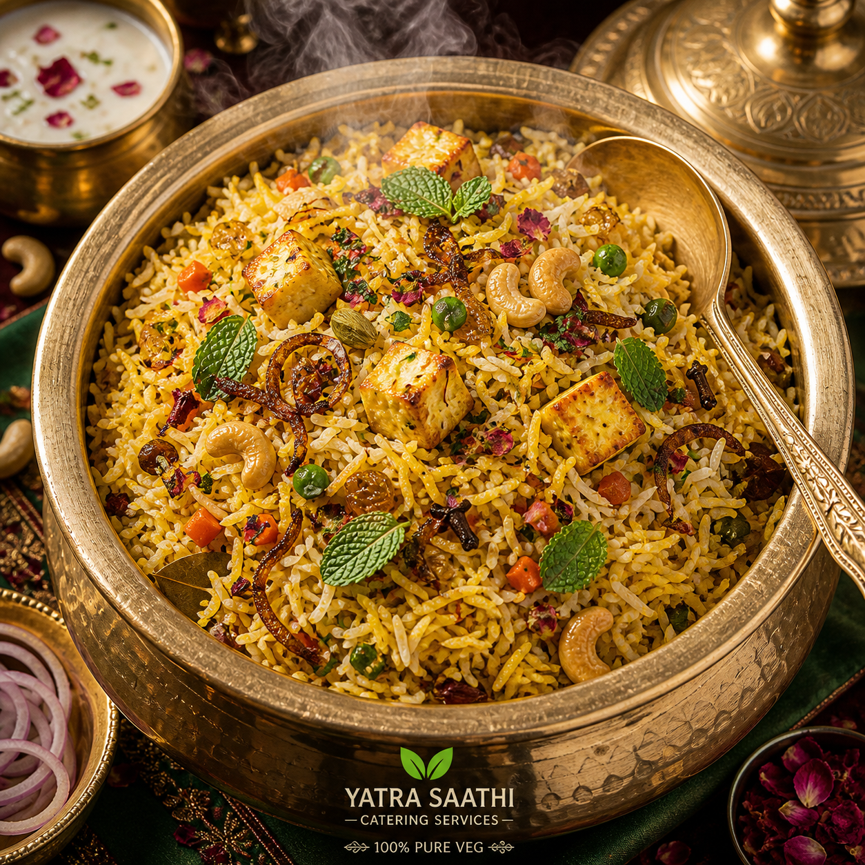 Awadhi paneer pulao in a brass handi — cubed paneer, saffron rice, golden cashews, mint sprigs, rose petals — top-down hero shot, Yatra Saathi 100% PURE VEG plaque